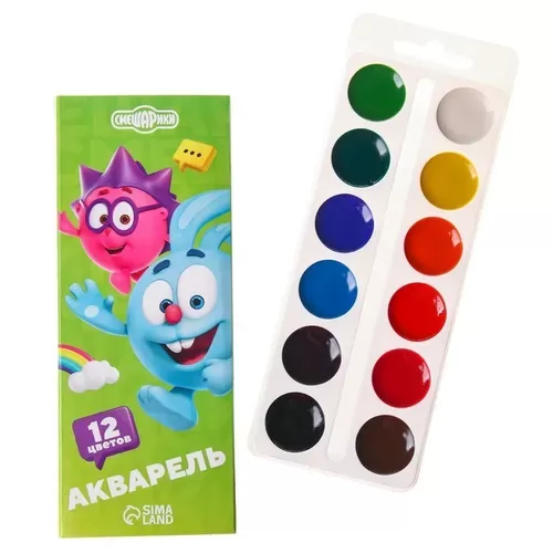 Акварель медовая "Смешарики", 12 цветов, в картонной коробке, без кисти