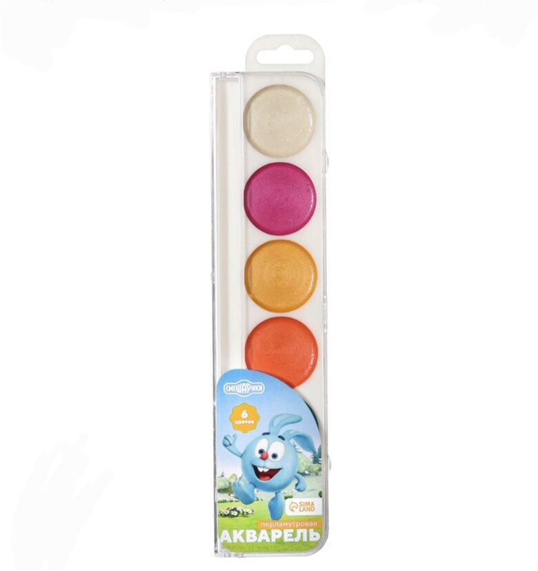 Перламутровая акварель «Смешарики», 6 цветов, без кисти