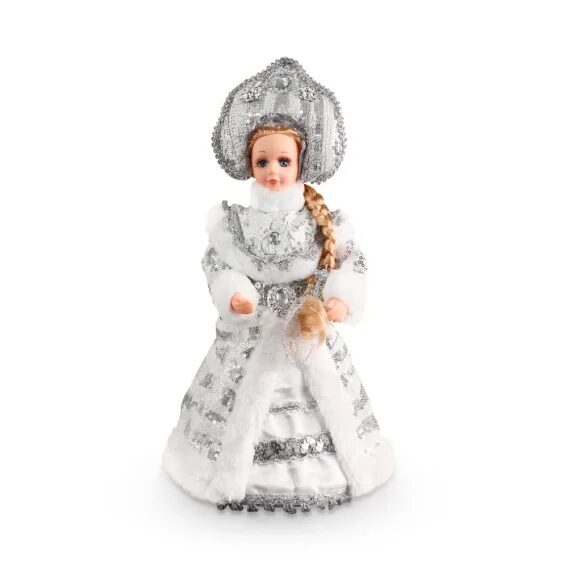 Фигура - Снегурочка , в белой шубке и кокошнике, с отделением для подарков 35 см