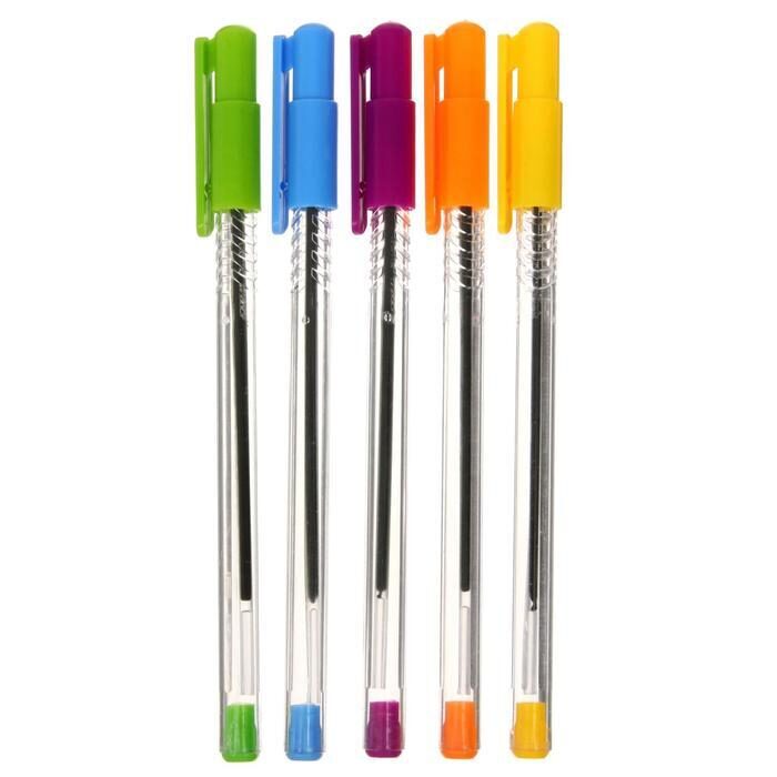 Ручка шариковая 0.7 мм, стержень синий, корпус прозрачный с цветными колпачками. 1 шт