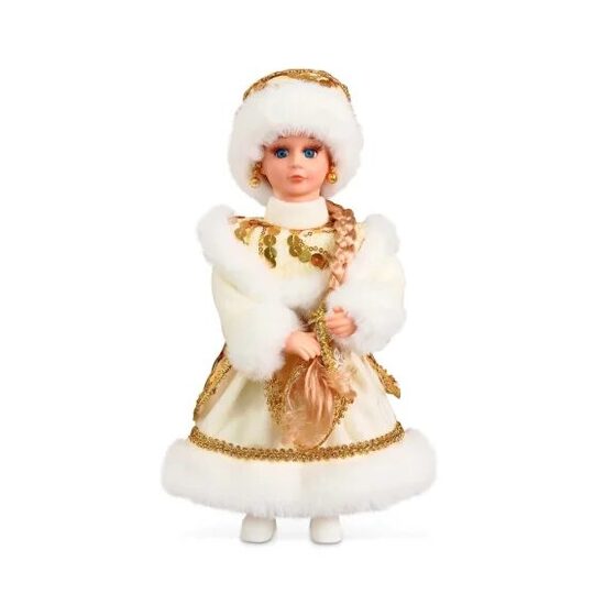 Figūra-  Sniega meitene  ,  baltā kažokā ar zelta rotājumiem, 30 cm