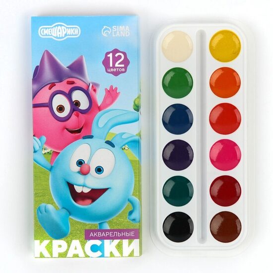Akvareļu krāsas "Smeshariki", 12 krāsas, kartona kastē