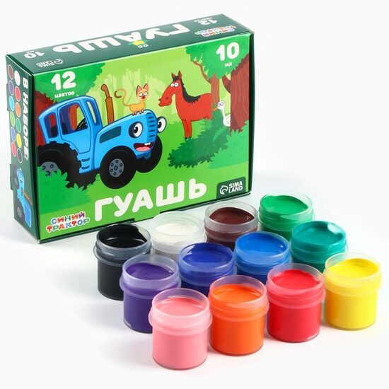 Guaša, 12 krāsas, katra 10 ml, "Zilais traktors"