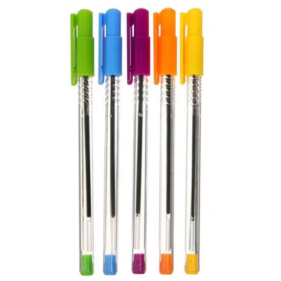 Lodīšu pildspalva 0,7 mm, zila uzpilde, caurspīdīgs korpuss ar krāsainiem uzgaļiem. 1 gab