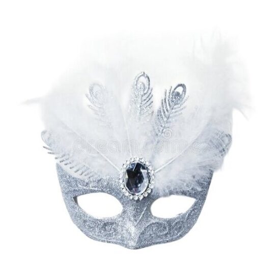 Ziemassvētku rotājums - venēciešu stila maska ​​ar spalvām, sudraba krāsa