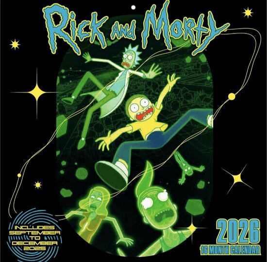 RICK AND MORTY 2026 - Brošūru kalendārs 30 x 30 cm (atlocītā veidā 30 x 60 cm) ar 12 kulta motīviem