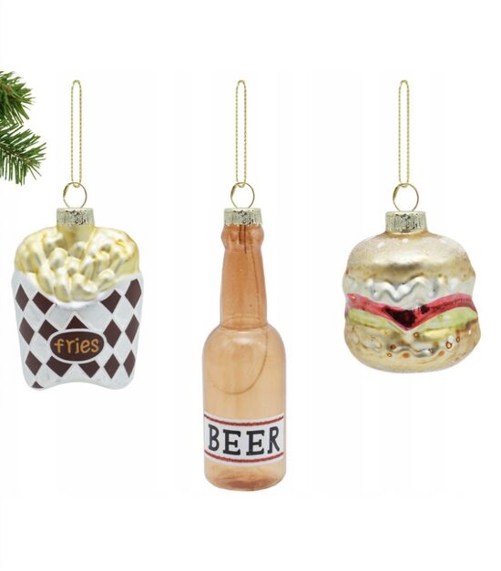 Ziemassvētku eglītes rotājumi "Liels burgers, frī kartupeļi, alus"