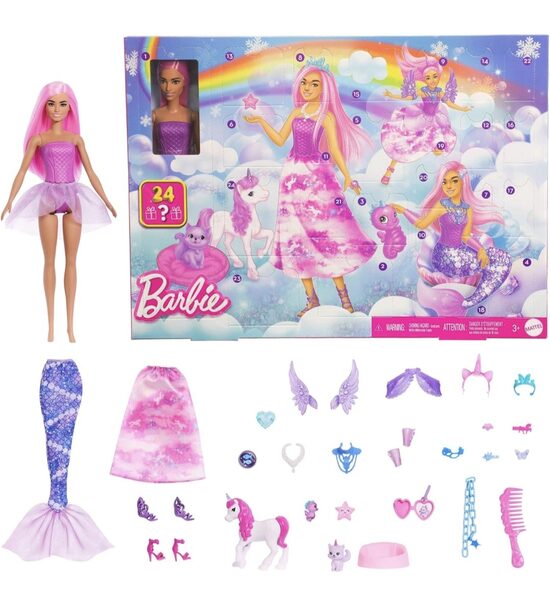 Barbie - JFL66 Adventes kalendārs ar lelli un 24 pārsteiguma aksesuāriem ar vienradzi un dzīvniekiem