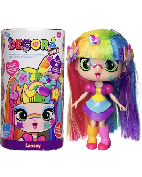 Lansay Deco Girlz — Decora — 1 mini ​​lelle, modes + 8 pārsteigumu aksesuāri un uzlīmes — rotaļu lelle 12,7 cm