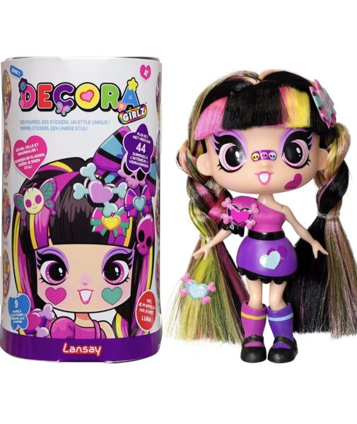 Lansay Deco Girlz — Luna — 1 mini ​​lelle, modes + 8 pārsteigumu aksesuāri un uzlīmes — rotaļu lelle 12,7 cm