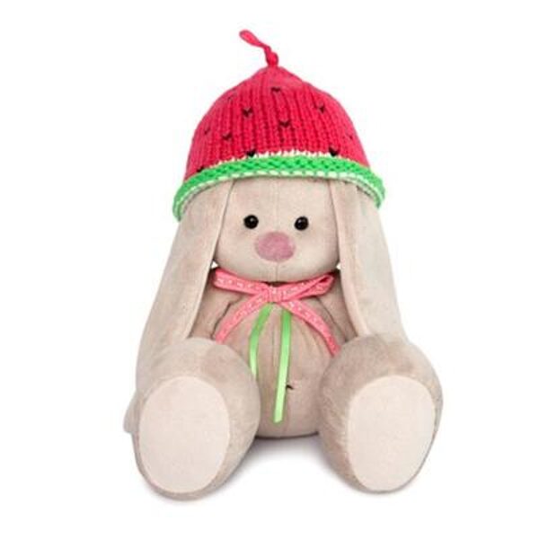 Mīksta rotaļlieta "Zaķis Mi", adītā cepurē "Arbūzs", 18 cm