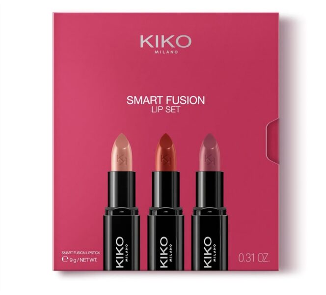 KIKO Milano Smart Fusion lūpu komplekts 02, lūpu komplekts ar 3 lūpu krāsām ar spīdīgu apdari