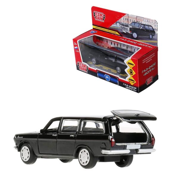 Metāla automašīna "GAZ-2402 "Volga" garums 12 cm, atvērtas durvis, bagāža, inerce, melna, Tehnoparks