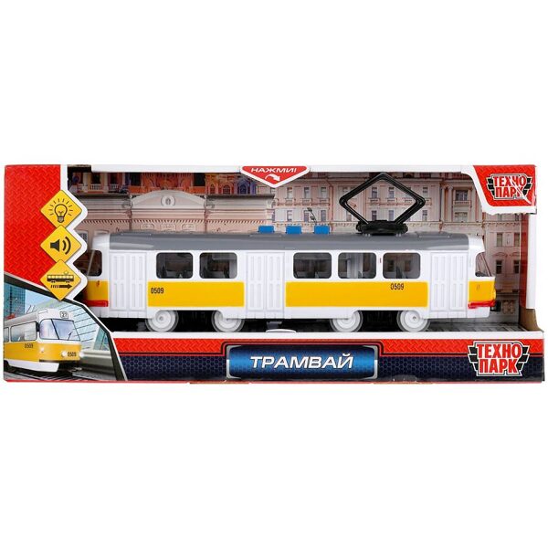Plastmasas modelis gaismas-skaņas TRAM 21,5 cm, 3 pogas, inerce, dzeltena, Technopark